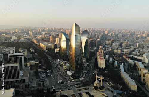 Amazing aerial view from above by drone on capital of Azerbaijan - Baku. The Flame Towers