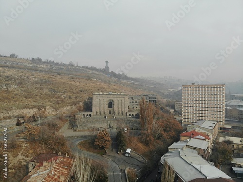 Erevan - the capital of Caucasus country Armenia. Aerial view from above by drone. Historical museum and mother Armenia monument