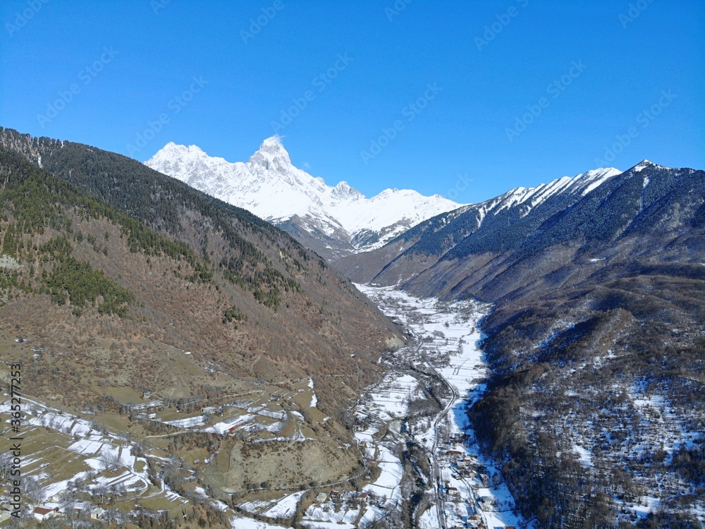 Fototapeta premium Georgia. Svaneti Region, mountain Ushba. View from above, perfect landscape photo, created by drone. Aerial photo from travel.
