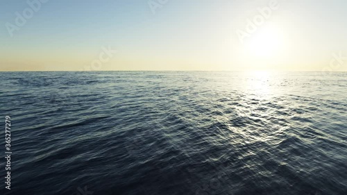 Flight with pan over the ocean towards sunrise, 3d animation