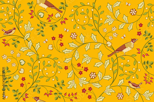 Vintage seamless fabric pattern with flowers and birds on orange background. Middle ages William Morris style. Vector illustration.