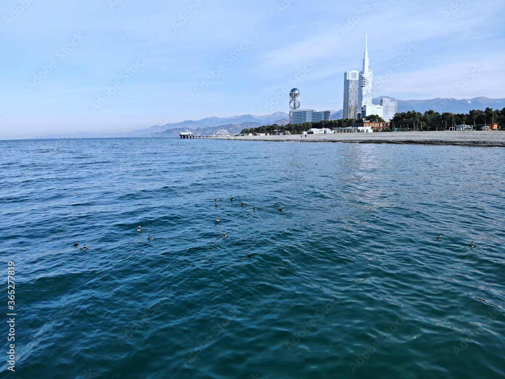 Georgia. Batumi city. View from above, perfect landscape photo, created by drone. Aerial photo from travel.Central beach