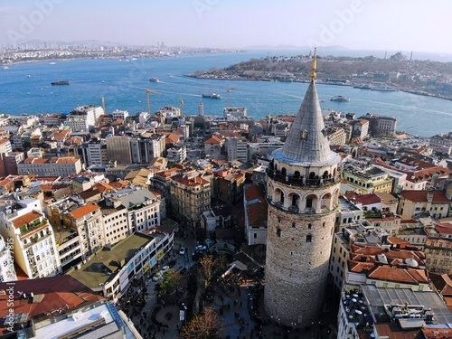 Istanbul, culture and historical capital of Turkey. Aerial photo from above. City view and landscape photo by drone. The Galata Kulesi Tower