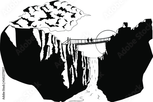 
silhouettes of travelers on the bridge against the background of mountains and a waterfall