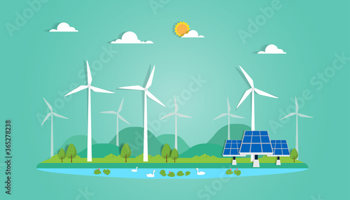 wind turbine  concept. eco city using wind, solar and Wind turbine.
