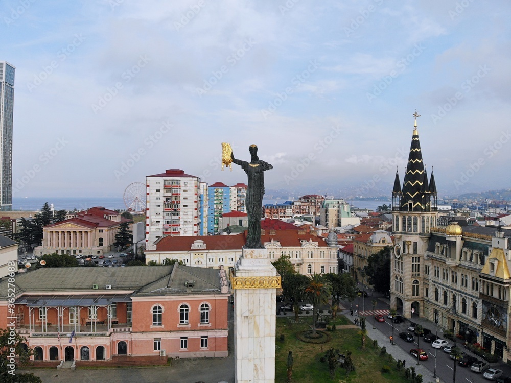 Georgia. Sea city Batumi. City Centre. Medea and Golden Fleece monument. View from above, perfect landscape photo, created by drone. Aerial photo from travel.