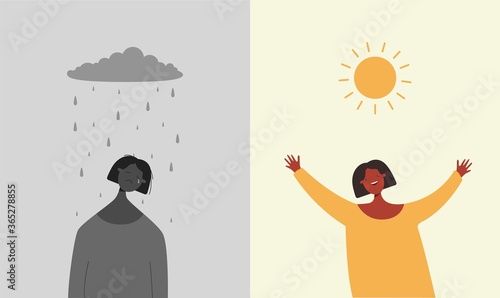 Sun is happy rain sad illustration. Character is sad when it rains and depressive weather rejoices when sun shines brightly two bipolar flat opposites psychological vector mood swings.