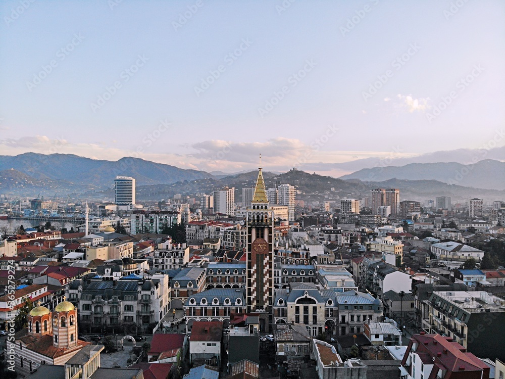 Batumi from above. Aerial photo from drone camera. Georgian seaside city. Beautiful town panoramic view.