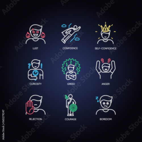 Human emotions neon light icons set. Psychological states and negative emotions signs with outer glowing effect. Emotional behaviour, personal qualities. Vector isolated RGB color illustrations