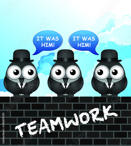 Comical teamwork with bird businessmen perched on a wall blaming a fellow Colleague with blue cloudy sky background