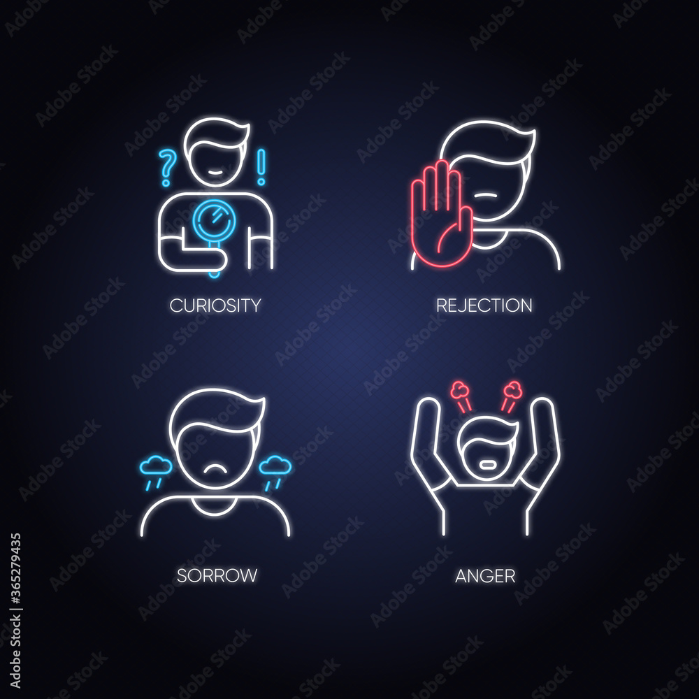 Good feelings and qualities neon light icons set. Positive mood, personality traits signs with outer glowing effect. Confidence, courage, lust and love. Vector isolated RGB color illustrations