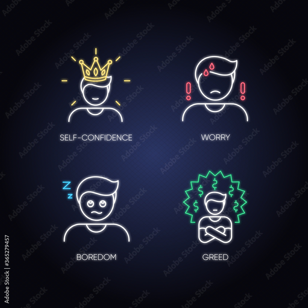 Negative emotions and bad feelings neon light icons set. Human psychological states signs with outer glowing effect. Distrust, loneliness, awe and self pity. Vector isolated RGB color illustrations