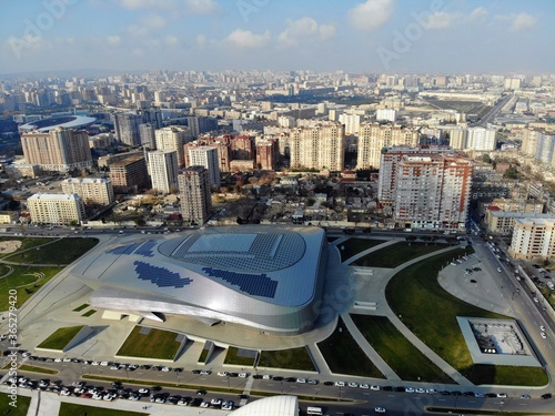 Amazing aerial view from above by drone on capital of Azerbaijan - Baku.  Convention Center