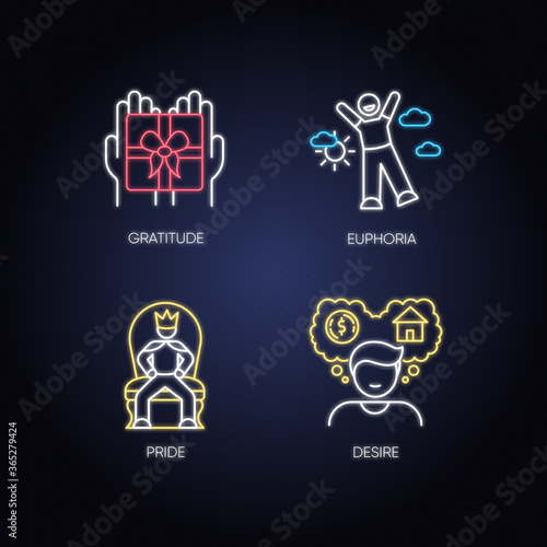 Mood and temperament neon light icons set. Good and bad emotions, human feelings signs with outer glowing effect. Curiosity, rejection, sorrow and anger. Vector isolated RGB color illustrations