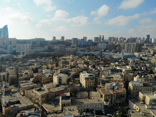 Amazing aerial view from above by drone on capital of Azerbaijan - Baku. Old town center. Maiden Tower photo