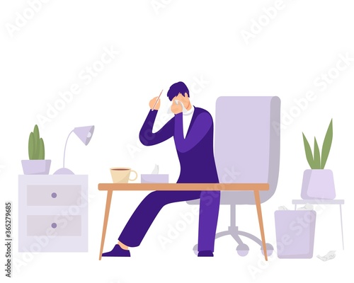 Employee illness in office illustration. Character with thermometer and runny nose is trying to work in his office an attempt to turn deadline when he feels unwell modern vector business days.