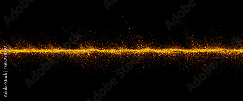 gold particles abstract background with shining line floor ground particle stars dust. Beautiful futuristic glittering in space on black background.	