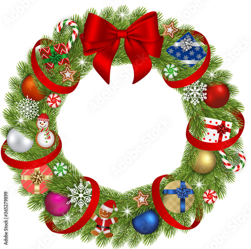 decorated christmas wreath with red bow, christmas balls, candies, gingerbreads, snowflakes and gift boxes