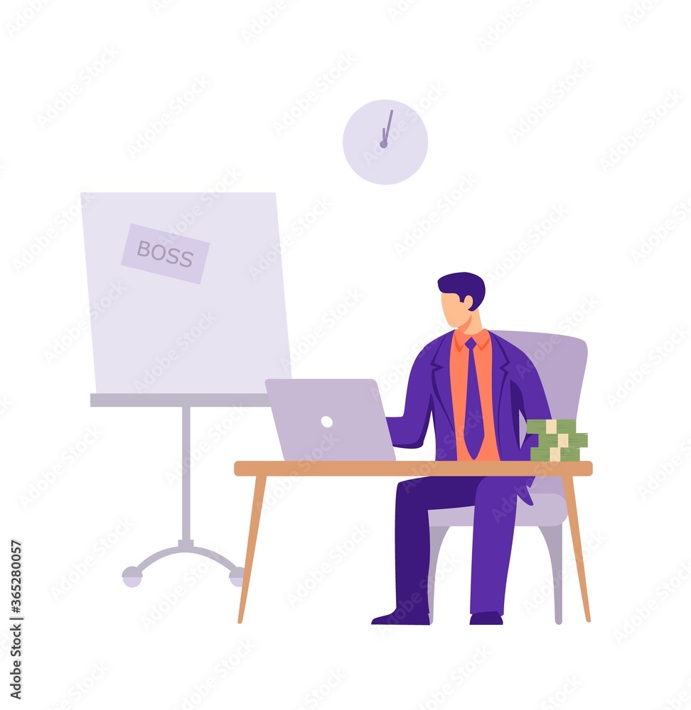 Boss of company in office. Male character in business purple suit sits laptop with bundles of money calculating financial profit for month preparing for issuance of vector salary to employees.