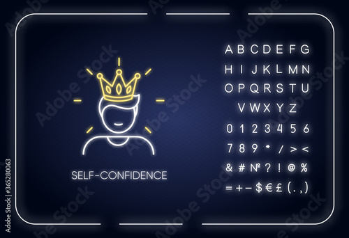 Self confidence neon light icon. Outer glowing effect. Arrogant attitude sign with alphabet, numbers and symbols. Self assured, egotistical person in crown vector isolated RGB color illustration