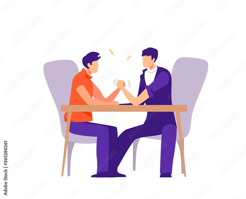 Business and career competition illustration. Conflict and confrontation on work colleagues competitors vector arm wrestling at desk struggling and trying defeat flat opponent in fight