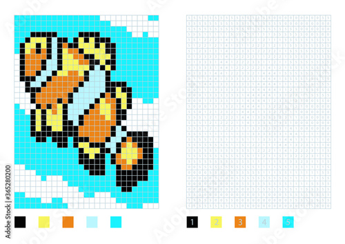 Pixel anemone clownfish cartoon in the coloring page with numbered squares, vector illustration © green_pear