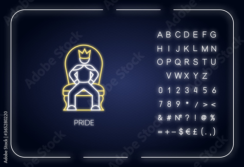 Pride neon light icon. Outer glowing effect. Sign with alphabet, numbers and symbols. High minded, haughty temperament. Proud person sitting on throne vector isolated RGB color illustration