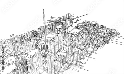 Outline city concept. Wire-frame style