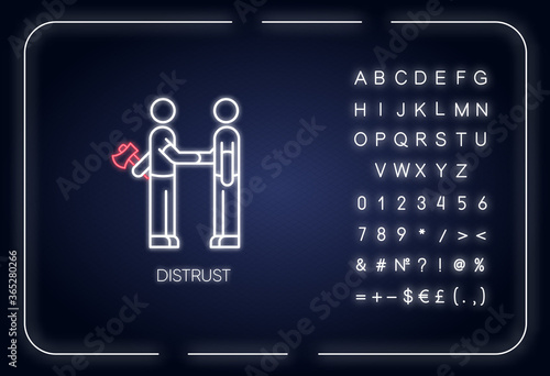 Distrust neon light icon. Outer glowing effect. Lack of trust, insecurity, betrayal. Sign with alphabet, numbers and symbols. Shaking hands with traitor vector isolated RGB color illustration