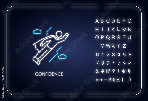 Confidence neon light icon. Outer glowing effect. Self confidence, positive mindset sign with alphabet, numbers and symbols. Flying person, superhero vector isolated RGB color illustration