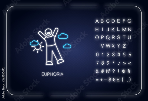 Euphoria neon light icon. Outer glowing effect. Happiness, good mood, positive emotion sign with alphabet, numbers and symbols. Happy person in euphoric ecstasy vector isolated RGB color illustration