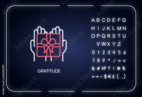 Gratitude neon light icon. Outer glowing effect. Thankfulness, sign of appreciation, feeling grateful. Sign with alphabet, numbers and symbols. Present, gift vector isolated RGB color illustration