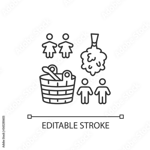 Single sex sauna pixel perfect linear icon. Public bathhouse with gender restriction. Thin line customizable illustration. Contour symbol. Vector isolated outline drawing. Editable stroke