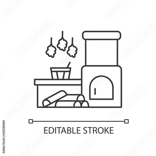 Russian banya pixel perfect linear icon. Traditional bathhouse on firewood thin line customizable illustration. Contour symbol. Sauna relaxation. Vector isolated outline drawing. Editable stroke
