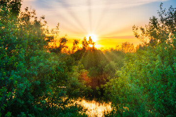 Foto auf Acrylglas Gelb Lake water sunset and sun rays on nature landscape with sunset sky  © Pavlo Vakhrushev