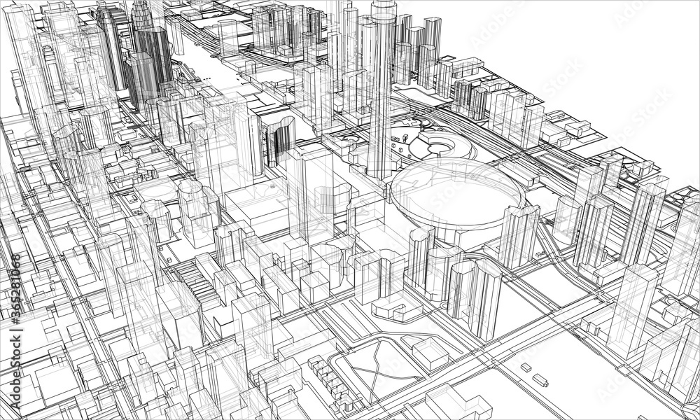 Outline city concept. Wire-frame style