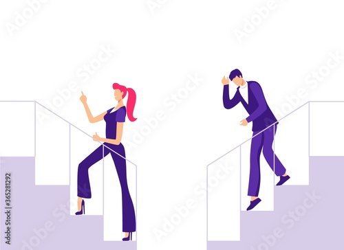Office career ladder illustration. Joyful female character goes up stairs and male character sadly goes down concept of promotion of more talented vector employee.