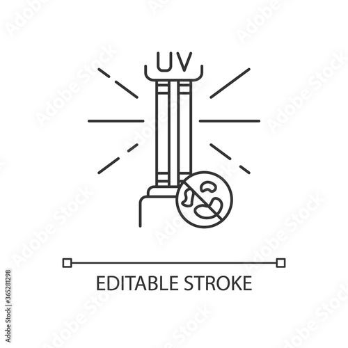 UV light disinfection pixel perfect linear icon. Ultraviolet germicidal irradiation thin line customizable illustration. Contour symbol. UV lamp vector isolated outline drawing. Editable stroke