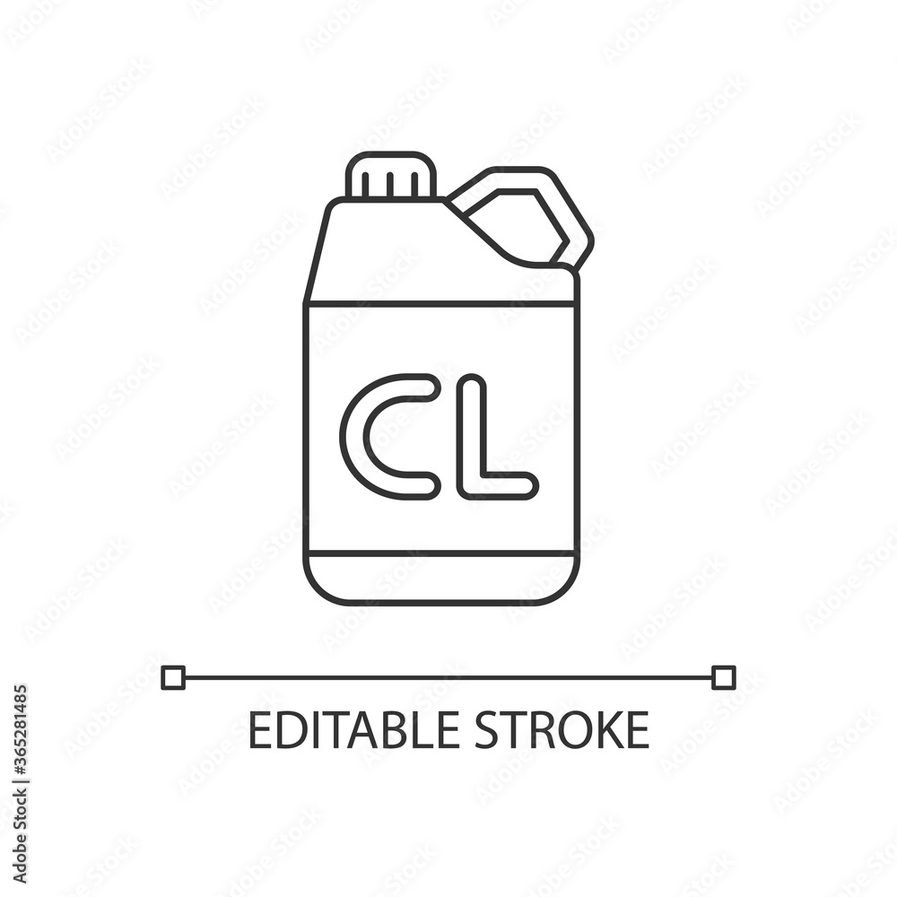 Chlorine disinfectant pixel perfect linear icon. Thin line customizable illustration. Contour symbol. Sanitary equipment. Bottle with cleaning product vector isolated outline drawing. Editable stroke Chlorine disinfectant pixel perfect linear icon. Thin line customizable illustration. Contour symbol. Sanitary equipment. Bottle with cleaning product vector isolated outline drawing. Editable stroke