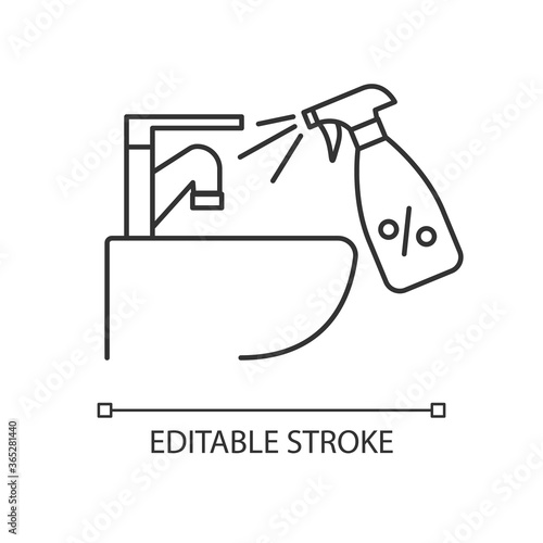 Sink tap disinfection pixel perfect linear icon. Surface cleaning thin line customizable illustration. Contour symbol. Faucet ant detergent spray vector isolated outline drawing. Editable stroke