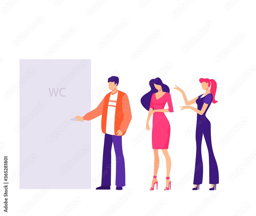 Queue in public toilet office life situation concept. Company employees female male office workers standing in line near toilet doorloosing flat vector patience while waiting turn.