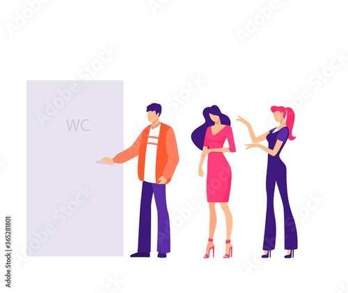 Queue in public toilet office life situation concept. Company employees female male office workers standing in line near toilet doorloosing flat vector patience while waiting turn.