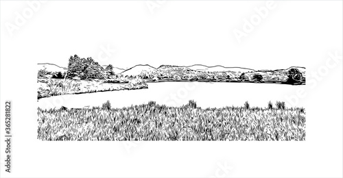 Building view with landmark of Abbotsford is a city located in British Columbia. Hand drawn sketch illustration in vector.