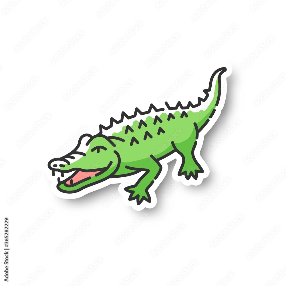 Obraz premium Alligator patch. Exotic wildlife, dangerous carnivore animal, aquatic predator. Zoo inhabitant RGB color printable sticker. Large reptile, crocodile vector isolated illustration