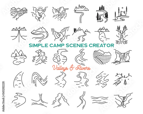 Simple vector mountains valleys and rivers icons shapes set. Logo creation kit. Outdoor adventure line art mountain elements bundle. Silhouette linear concept. Stock vector collection