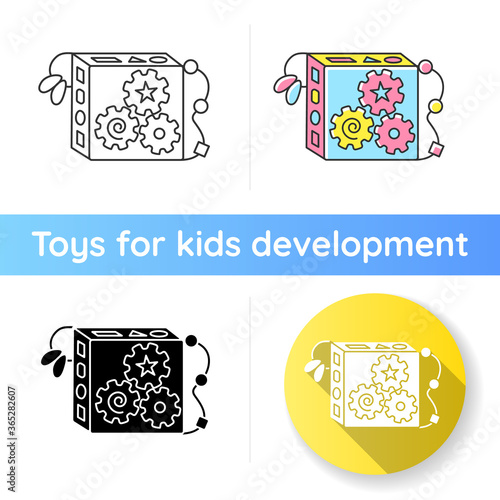 Busy cube icon. Busyboard. Toddlers sensory and hand eye coordination skills development toys. Early childhood. Linear black and RGB color styles. Isolated vector illustrations photo