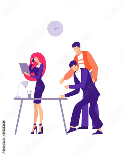 Office harassment problem illustration. Two male worker characters are trying to grossly pester girl employee gender issues and racial humiliation depressive working vector moments.