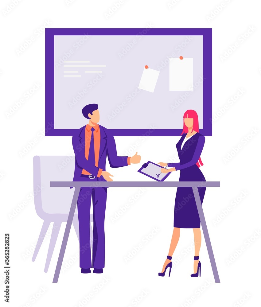 Signing a contract in the office illustration. Male and female characters businessmen conclude cooperation agreement corporate meeting with further flat friendly vector communication.