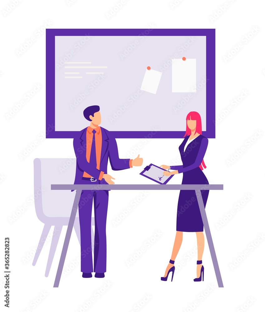 Signing a contract in the office illustration. Male and female characters businessmen conclude cooperation agreement corporate meeting with further flat friendly vector communication. Signing a contract in the office illustration. Male and female characters businessmen conclude cooperation agreement corporate meeting with further flat friendly vector communication.