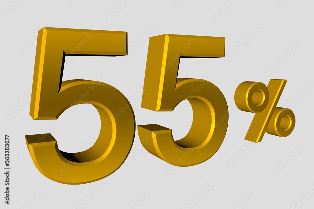 The inscription is 55 % of realistic 3D numbers in gold metalic color. Illustration of a fifty five percent discount or sale for advertising poster, banner advertising and more. 3d rendering, isolated The inscription is 55 % of realistic 3D numbers in gold metalic color. Illustration of a fifty five percent discount or sale for advertising poster, banner advertising and more. 3d rendering, isolated